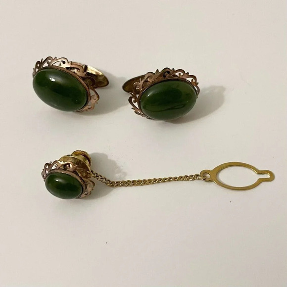 Vintage Cuff Links and Tie Tack with  Chain - Picture 1 of 14